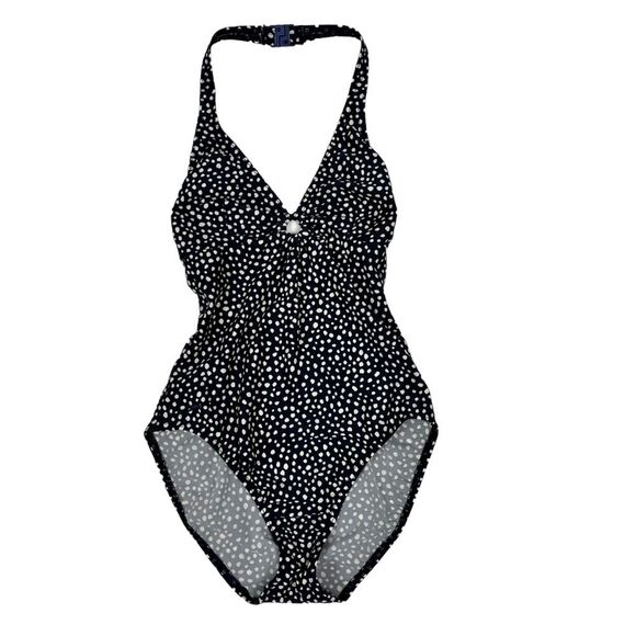 Speedo Navy White Polka Dot Halter V-Neck One Piece Swimsuit Women’s 10 - Picture 16 of 16